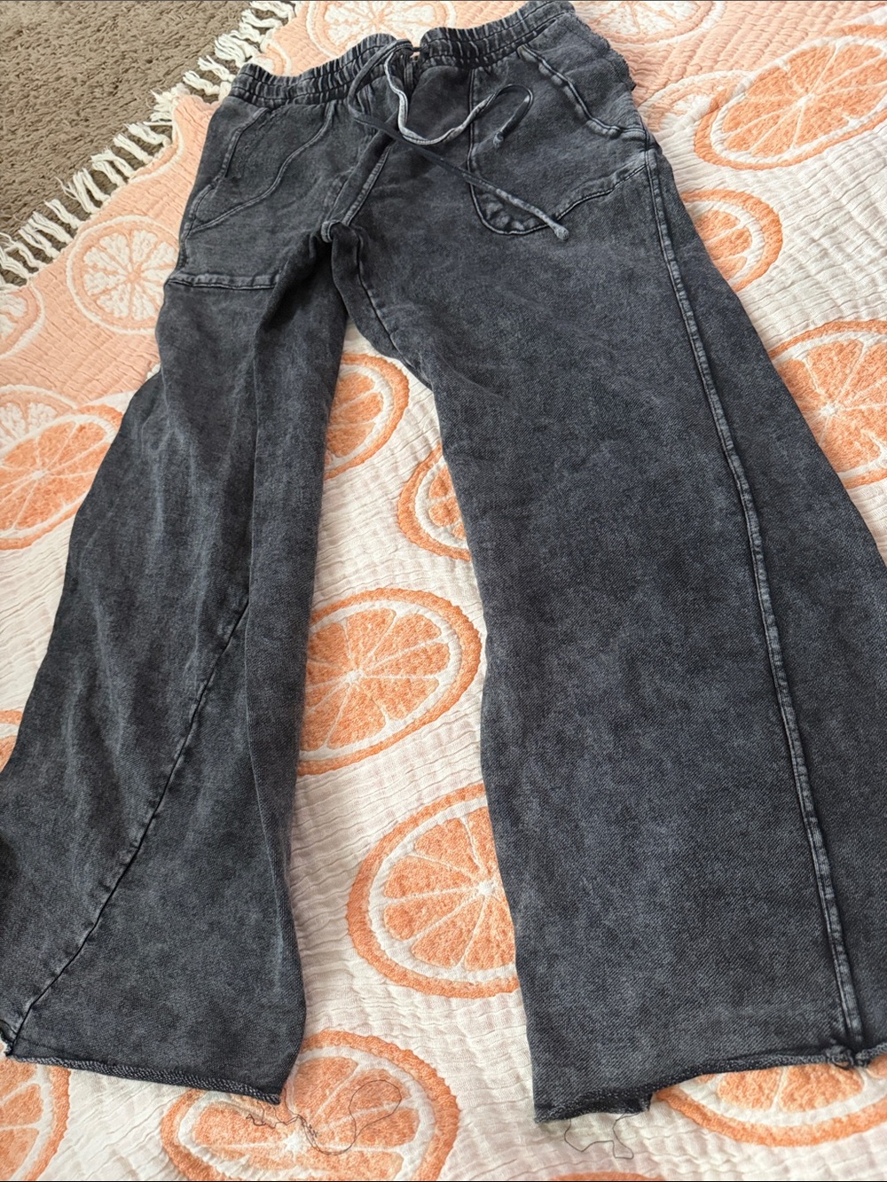 Washed Black Wide-Leg Drawstring Pants